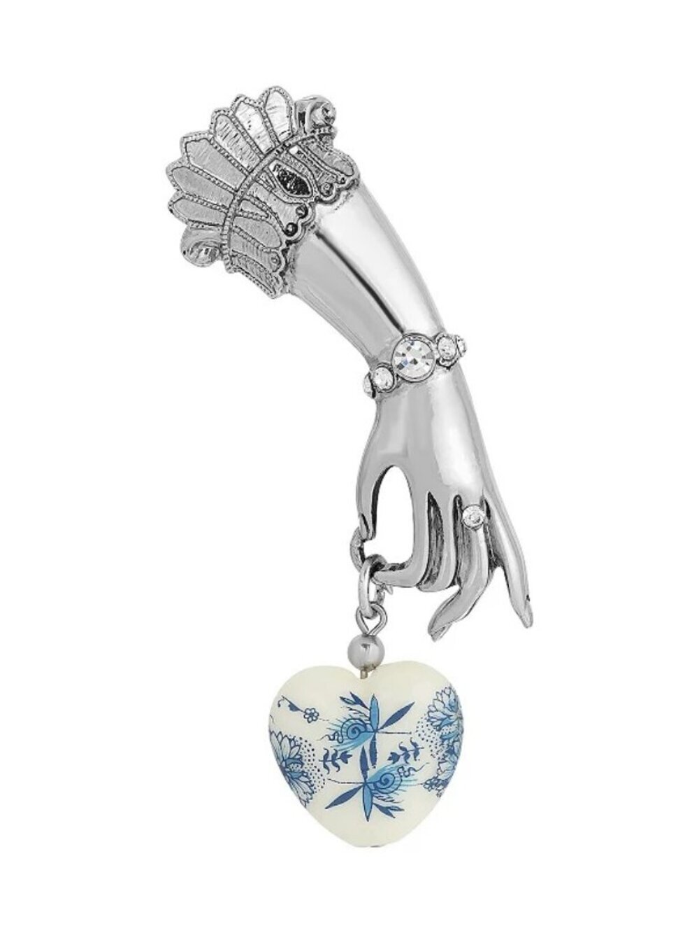 1928 Lady's Hand Brooch with Crystal & Delft Colored Heart
